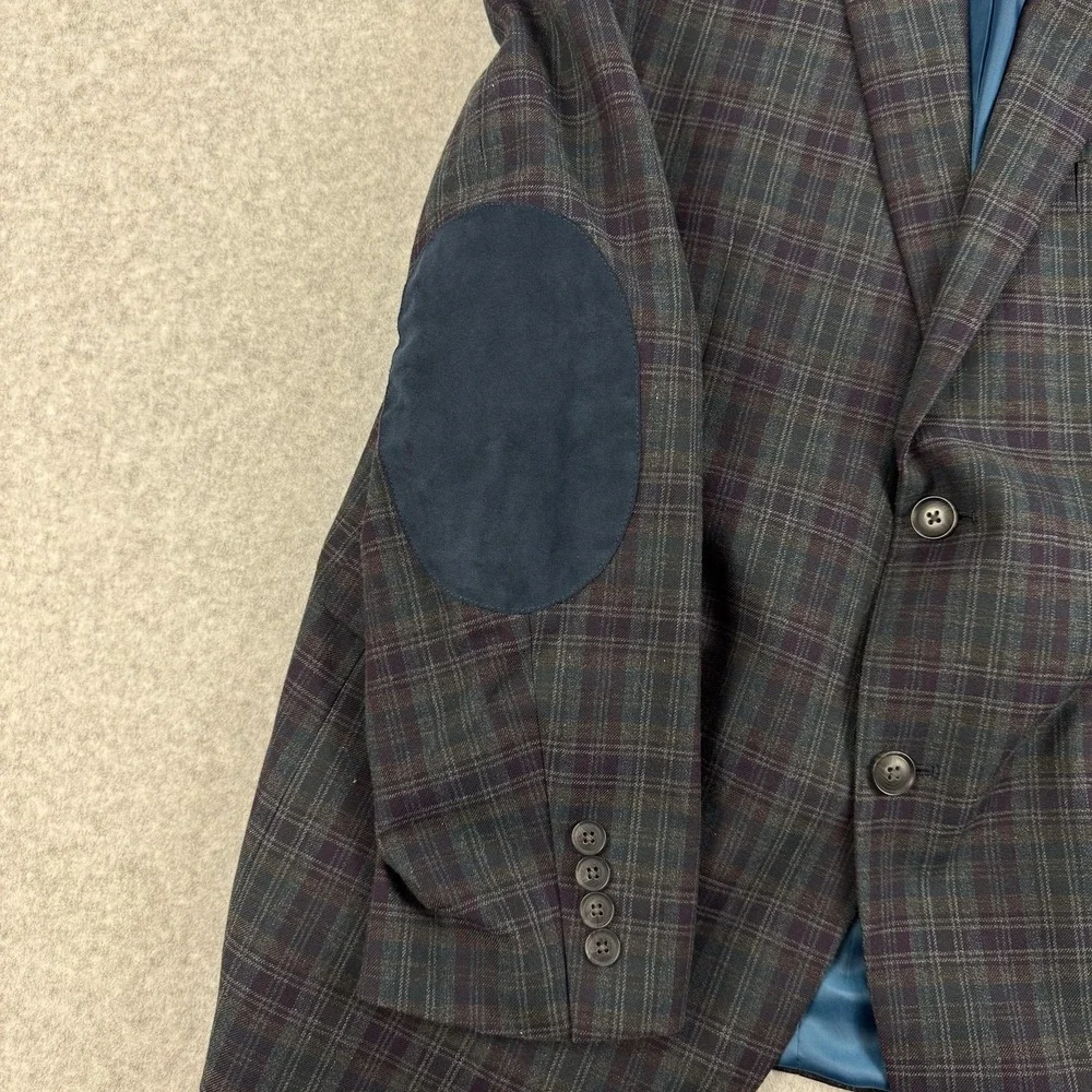 Perry Ellis Portfolio Blazer Mens 44R Gray Plaid Cotton Elbow Patch Sport Coat‎